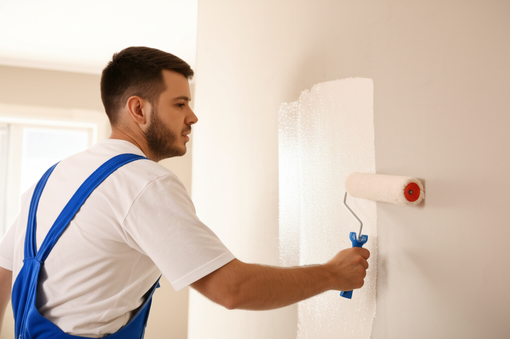 Professional painter finishing drywall