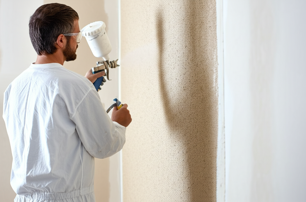 Worker applying texture to wall