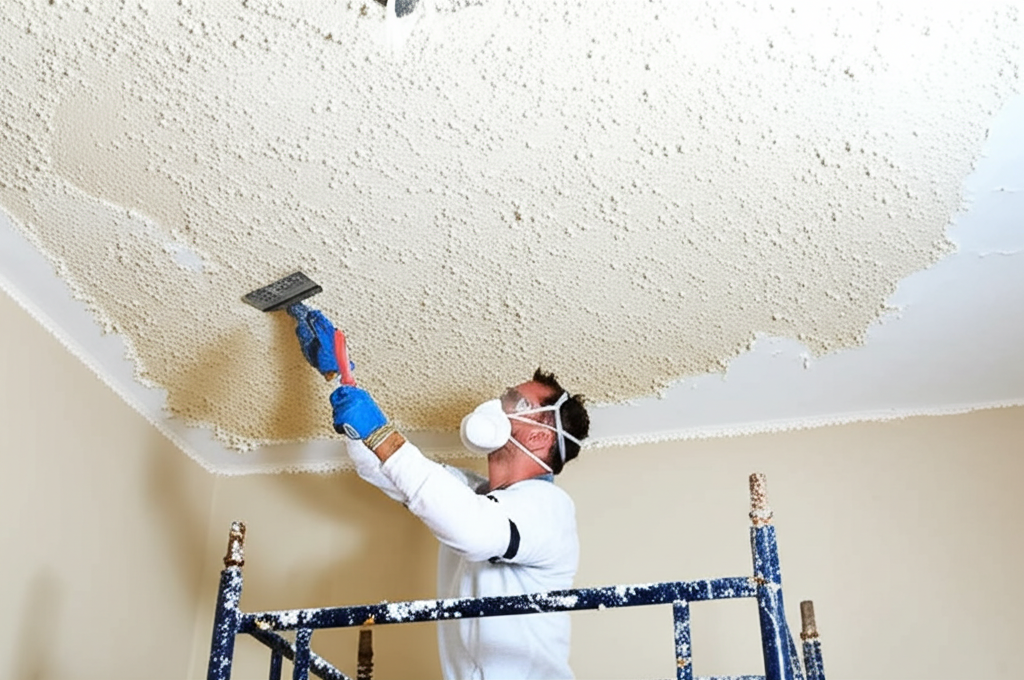 Worker removing popcorn ceiling